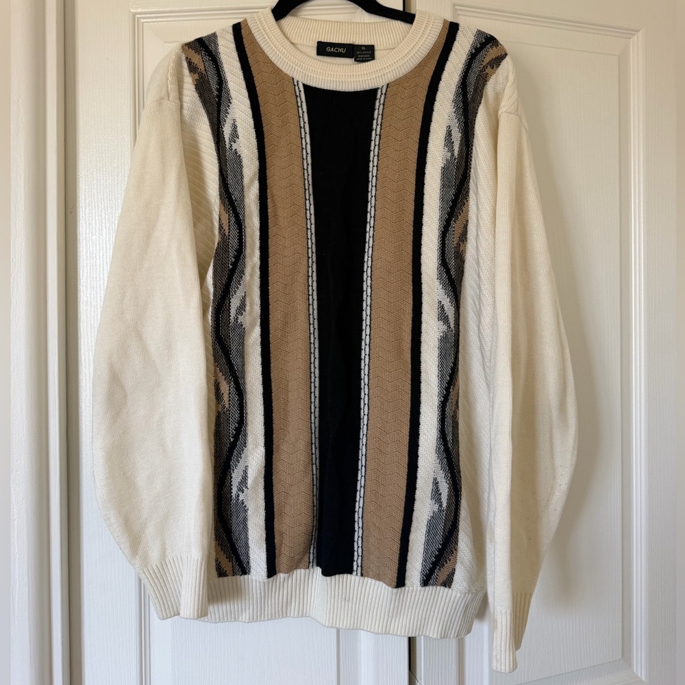 Cream Crewneck Sweater with Tan & Black Stripe Panels